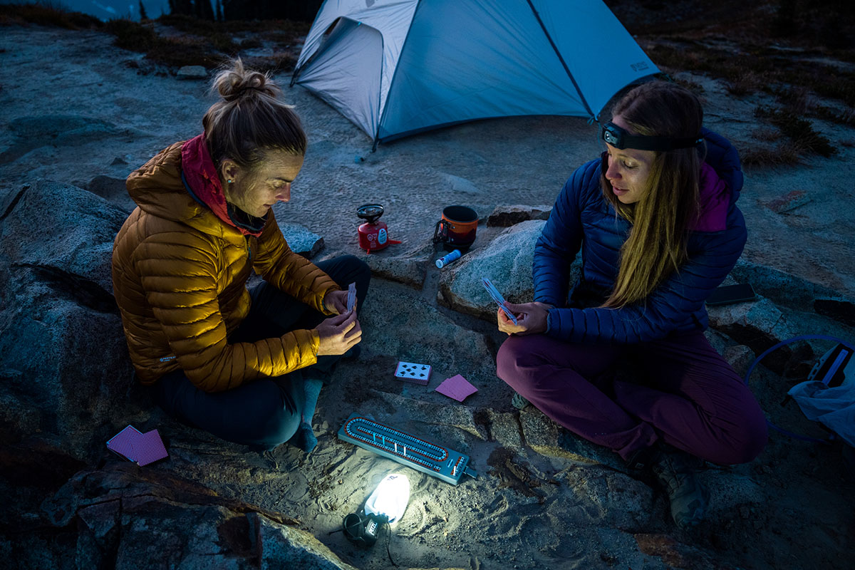 Playing cribbage in lightweight down jackets